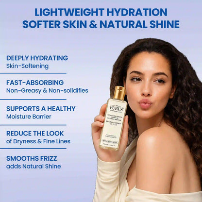 woman holds a bottle of PURUS Silk Hydrating Hair & Skin Serum 